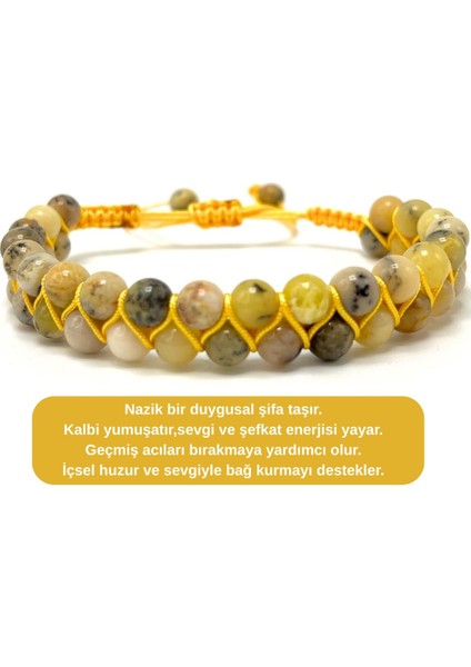 Sertifikalı Sarı Opal Çift Sıra Doğal Taş Makrome Bileklik Ayarlanabilir Ölçü