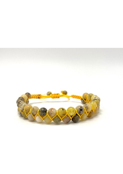 Sertifikalı Sarı Opal Çift Sıra Doğal Taş Makrome Bileklik Ayarlanabilir Ölçü