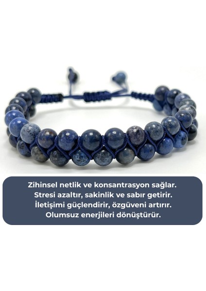 Sertifikalı Dumortierit Çift Sıra Doğal Taş Makrome Bileklik Ayarlanabilir Ölçü