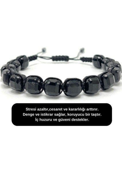 Sertifikalı Siyah Göz Akik Küp Kesim Makrome Doğal Taş Bileklik 8 mm