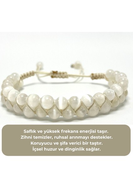 Sertifikalı Selenit Çift Sıra Doğal Taş Makrome Bileklik Ayarlanabilir Ölçü