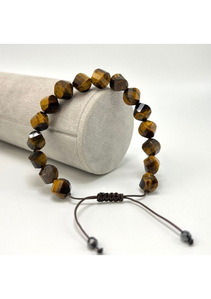 Sertifikalı Kaplan Gözü Hexonal Kesim Makrome Doğal Taş Bileklik 8mm