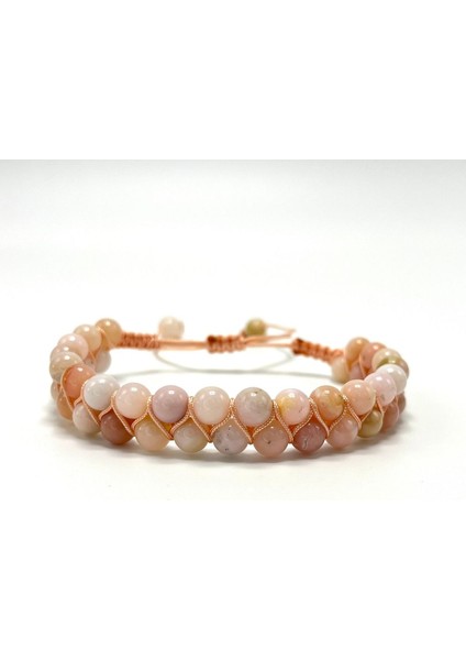 Sertifikalı Pembe Opal Çift Sıra Doğal Taş Makrome Bileklik Ayarlanabilir Ölçü fiyatları