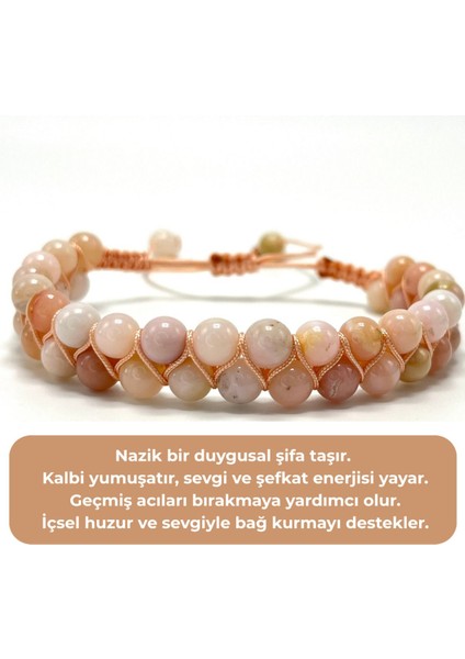 Sertifikalı Pembe Opal Çift Sıra Doğal Taş Makrome Bileklik Ayarlanabilir Ölçü indirimleri