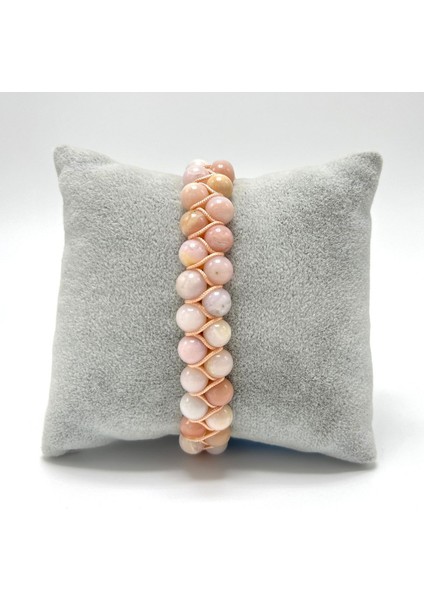 Sertifikalı Pembe Opal Çift Sıra Doğal Taş Makrome Bileklik Ayarlanabilir Ölçü