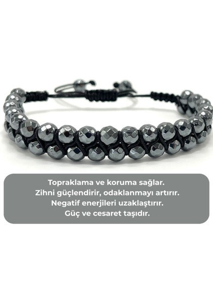 Sertifikalı Hematit Çift Sıra Doğal Taş Makrome Bileklik Ayarlanabilir Ölçü