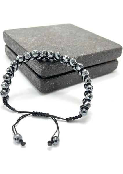 Sertifikalı Hematit Çift Sıra Doğal Taş Makrome Bileklik Ayarlanabilir Ölçü