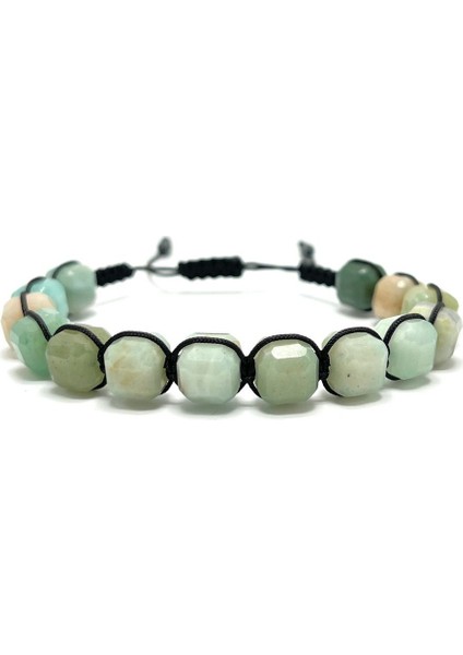 Sertifikalı Amazonit Küp Kesim Makrome Doğal Taş Bileklik 8 mm