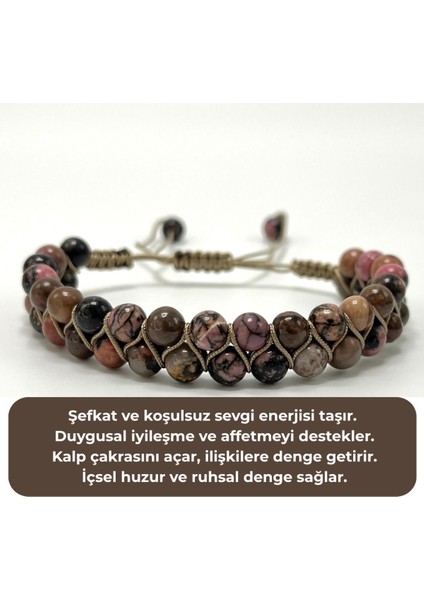 Sertifikalı Rodanit Çift Sıra Doğal Taş Makrome Bileklik Ayarlanabilir Ölçü