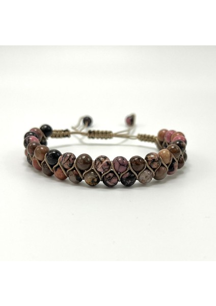 Sertifikalı Rodanit Çift Sıra Doğal Taş Makrome Bileklik Ayarlanabilir Ölçü