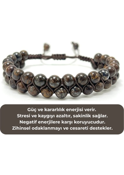 Sertifikalı Bronzit 6mm Çift Sıra Doğal Taş Makrome Bileklik Ayarlanabilir Ölçü