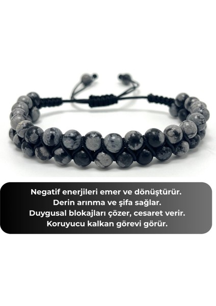Sertifikalı Karlı Obsidyen Çift Sıra Doğal Taş Makrome Bileklik Ayarlanabilir Ölçü indirimleri