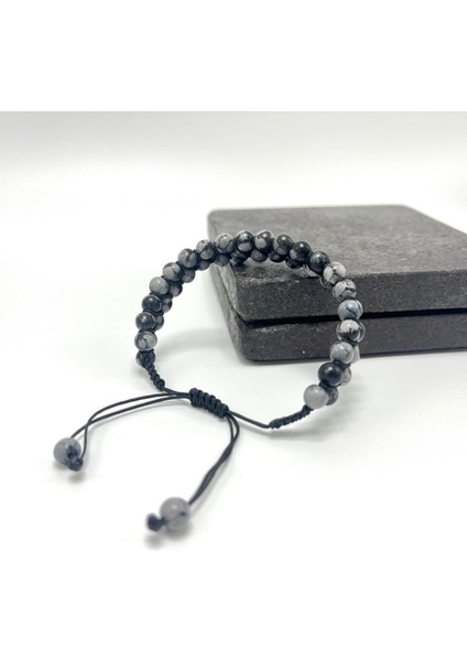 Sertifikalı Karlı Obsidyen Çift Sıra Doğal Taş Makrome Bileklik Ayarlanabilir Ölçü