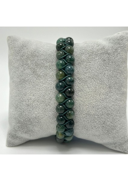 Sertifikalı Yosunlu Akik Çift Sıra Doğal Taş Makrome Bileklik Ayarlanabilir Ölçü