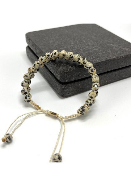 Sertifikalı Dalmaçyalı Jasper Çift Sıra Doğal Taş Makrome Bileklik Ayarlanabilir Ölçü