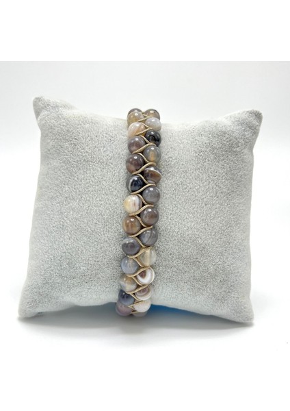 Sertifikalı Bostwana Akik Çift Sıra Doğal Taş Makrome Bileklik Ayarlanabilir Ölçü