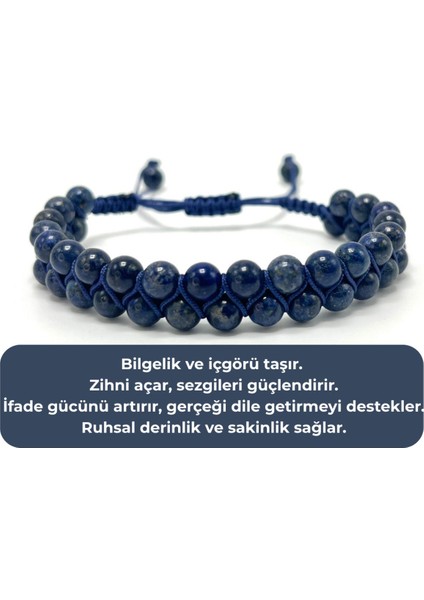 Sertifikalı Lapis Lazuli Çift Sıra Doğal Taş Makrome Bileklik Ayarlanabilir Ölçü