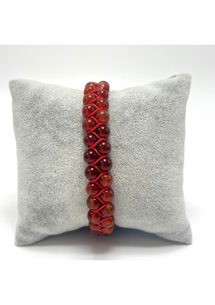 Sertifikalı Kırmızı Akik Çift Sıra Doğal Taş Makrome Bileklik Ayarlanabilir Ölçü
