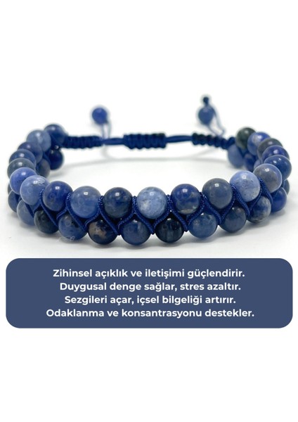 Sertifikalı Sodalit Çift Sıra Doğal Taş Makrome Bileklik Ayarlanabilir Ölçü