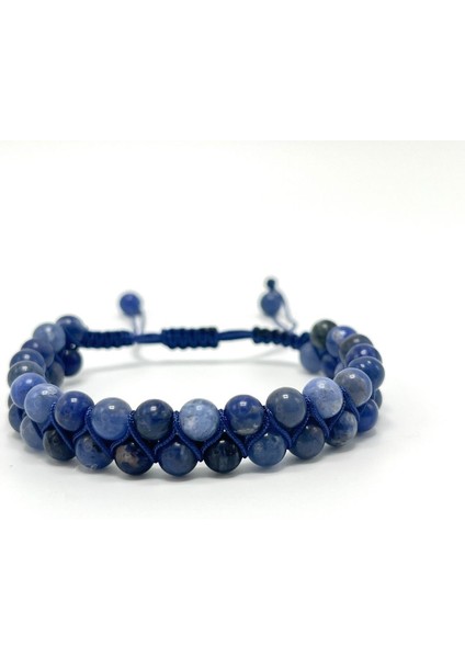 Sertifikalı Sodalit Çift Sıra Doğal Taş Makrome Bileklik Ayarlanabilir Ölçü