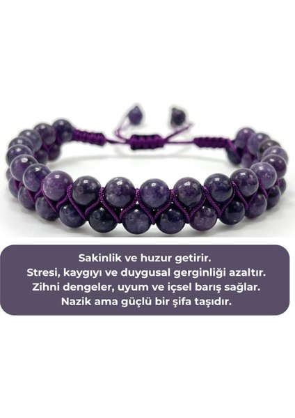 Sertifikalı Lepidolit Çift Sıra Doğal Taş Makrome Bileklik Ayarlanabilir Ölçü indirimleri