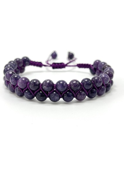 Sertifikalı Lepidolit Çift Sıra Doğal Taş Makrome Bileklik Ayarlanabilir Ölçü