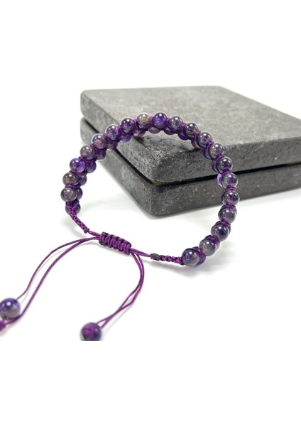 Sertifikalı Lepidolit Çift Sıra Doğal Taş Makrome Bileklik Ayarlanabilir Ölçü