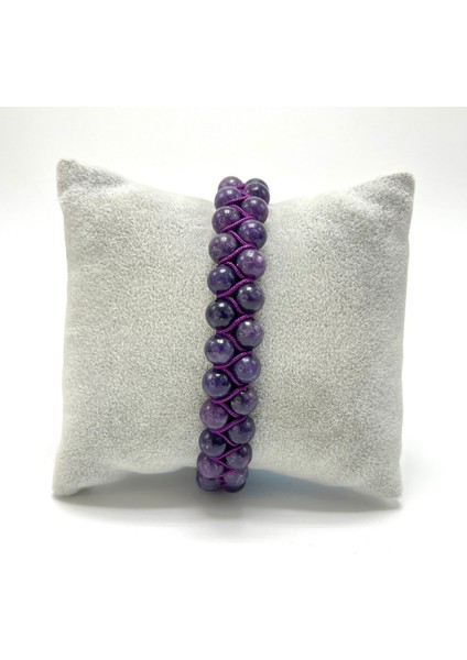 Sertifikalı Lepidolit Çift Sıra Doğal Taş Makrome Bileklik Ayarlanabilir Ölçü