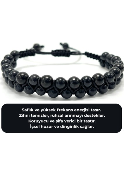 Sertifikalı Shungite Çift Sıra Doğal Taş Makrome Bileklik Ayarlanabilir Ölçü