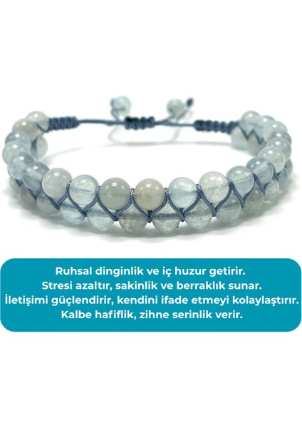 Sertifikalı Akuamarin Doğal Taş 6mm Çift Sıra Doğal Taş Makrome Bileklik Ayarlanabilir Ölçü
