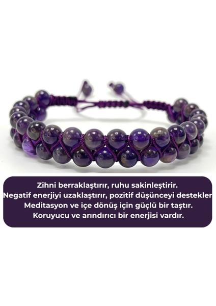 Sertifikalı Ametist Çift Sıra Doğal Taş Makrome Bileklik Ayarlanabilir Ölçü