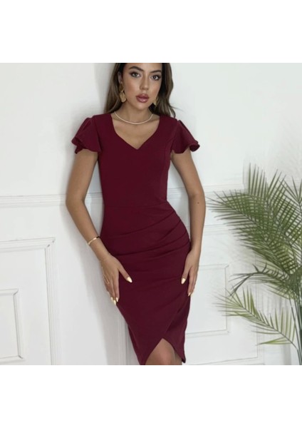 Qkadın Kısa Kollu Kalp Yaka Yanlardan Büzgü Detay Midi Janjan Krep Elbise
