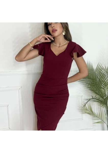 Qkadın Kısa Kollu Kalp Yaka Yanlardan Büzgü Detay Midi Janjan Krep Elbise modelleri