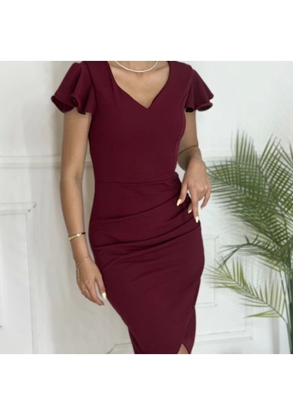 Qkadın Kısa Kollu Kalp Yaka Yanlardan Büzgü Detay Midi Janjan Krep Elbise fırsatları