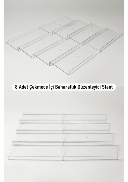 8 Adet Çekmece Içi Baharatlık Düzenleyici Organizer Pleksi Stant 30,5 cm x 13 cm (Kavanozları Hariçtir)