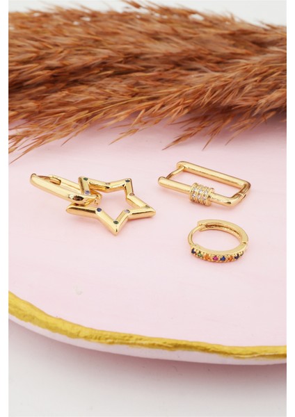 Kadın Kararmaz Altın Kaplama Yıldız Figürlü 3'lı Zirkon Set Küpe fiyatları