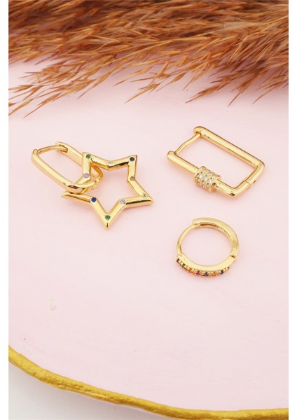 Kadın Kararmaz Altın Kaplama Yıldız Figürlü 3'lı Zirkon Set Küpe fırsatları