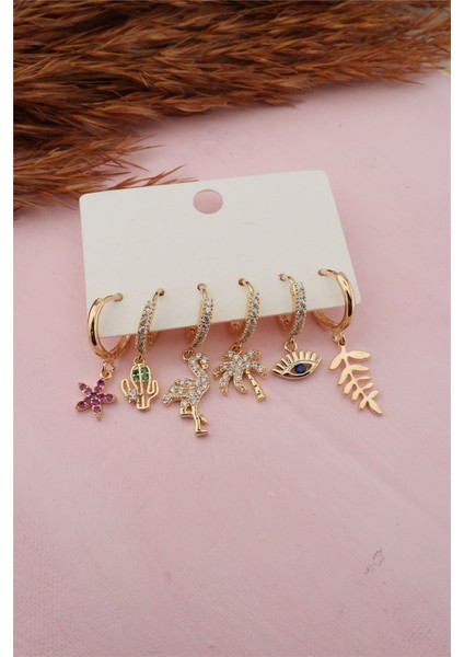 Kadın Altın Kaplama Zirkon Taş Işleme Çiçekli 6 Lı Küpe Seti