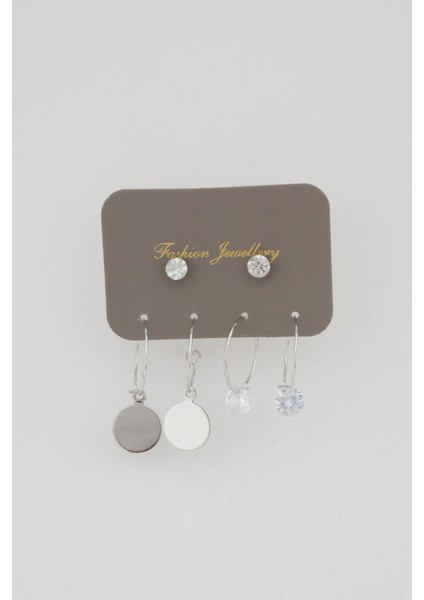 Kadın Pul ve Tek Taşlı Sallantılı Küpe Set