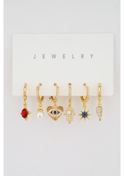 Kadın Altın Kaplama Kararmaz Zirkon Taşlı Inci ve Kalp Detaylı 6'lı Küpe Set