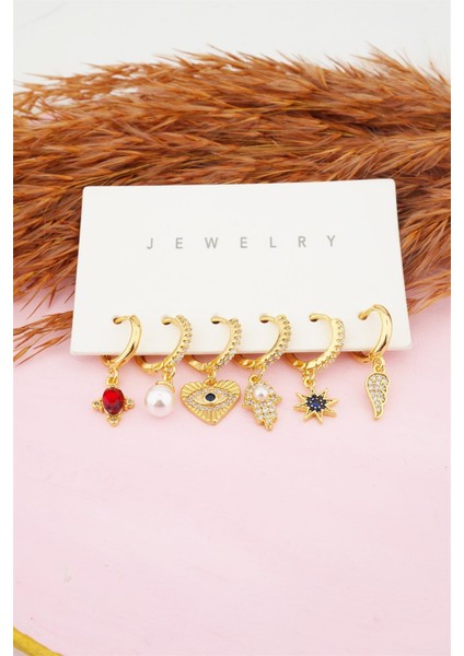 Kadın Altın Kaplama Kararmaz Zirkon Taşlı Inci ve Kalp Detaylı 6'lı Küpe Set fiyatları