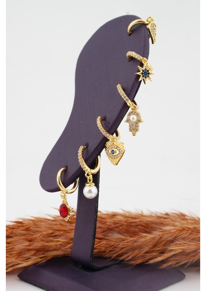 Kadın Altın Kaplama Kararmaz Zirkon Taşlı Inci ve Kalp Detaylı 6'lı Küpe Set modelleri