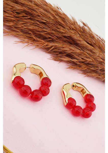 Kadın Kararmaz Altın Kaplama Boncuk Detaylı Çift Küpe