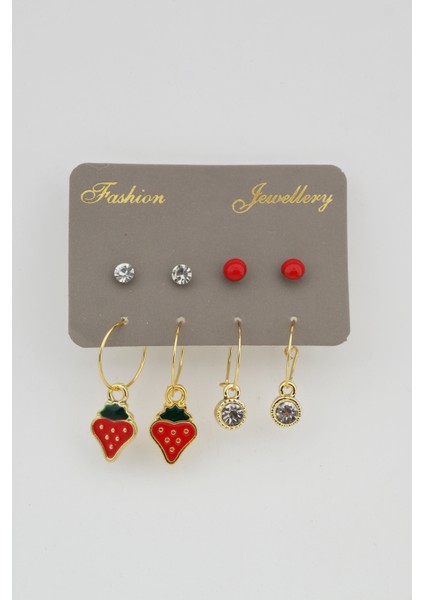 Kadın Çilek Figürlü ve Tek Taş Detaylı 8'li Küpe Set