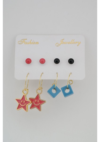 Kadın Mineli Yıldız ve Boncuk Detaylı 8 'li Küpe Set