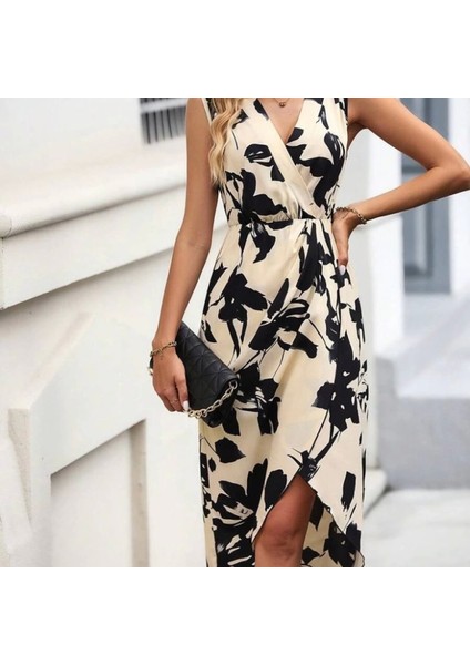 Kadın Sıfır Kol Kruvaze Yaka Önden Çapraz Kesim Detaylı Desenli Oysho Süprem Elbise fiyatları