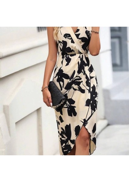 Kadın Sıfır Kol Kruvaze Yaka Önden Çapraz Kesim Detaylı Desenli Oysho Süprem Elbise modelleri