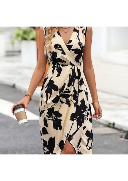 Kadın Sıfır Kol Kruvaze Yaka Önden Çapraz Kesim Detaylı Desenli Oysho Süprem Elbise indirimleri