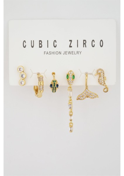 Kadın Kararmaz Altın Kaplama Yılan Detaylı 6'lı Zirkon Set Küpe