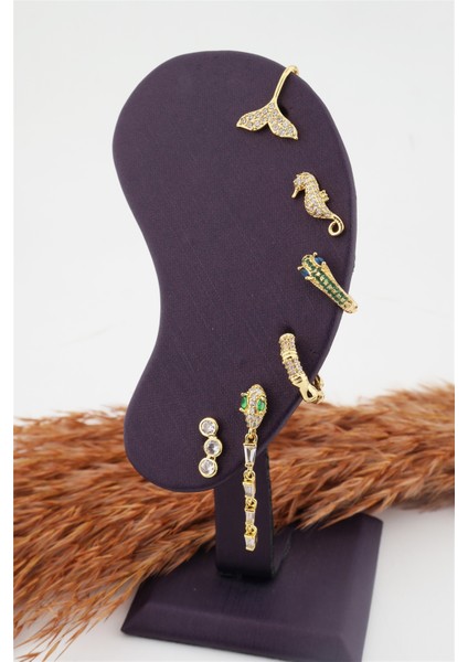 Kadın Kararmaz Altın Kaplama Yılan Detaylı 6'lı Zirkon Set Küpe fiyatları